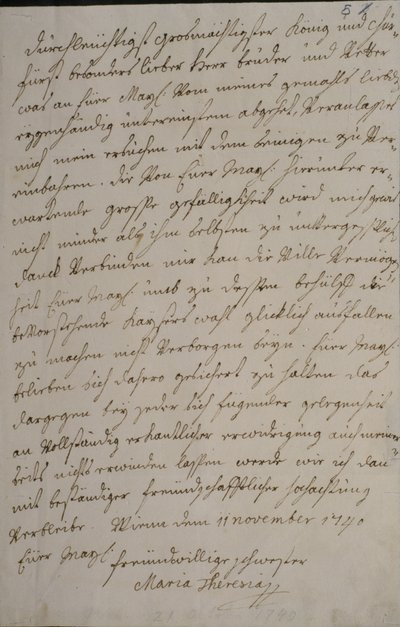Ein Brief von Maria Theresia an König Friedrich II., in dem sie um seine Unterstützung für die Kaiserwahl ihres Mannes Franz I. bittet, 11. November 1740 von Maria Theresa of Austria